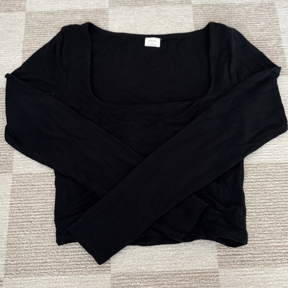 Wilfred Black Lightweight Ruched Square Neck Long Sleeve Top Size M